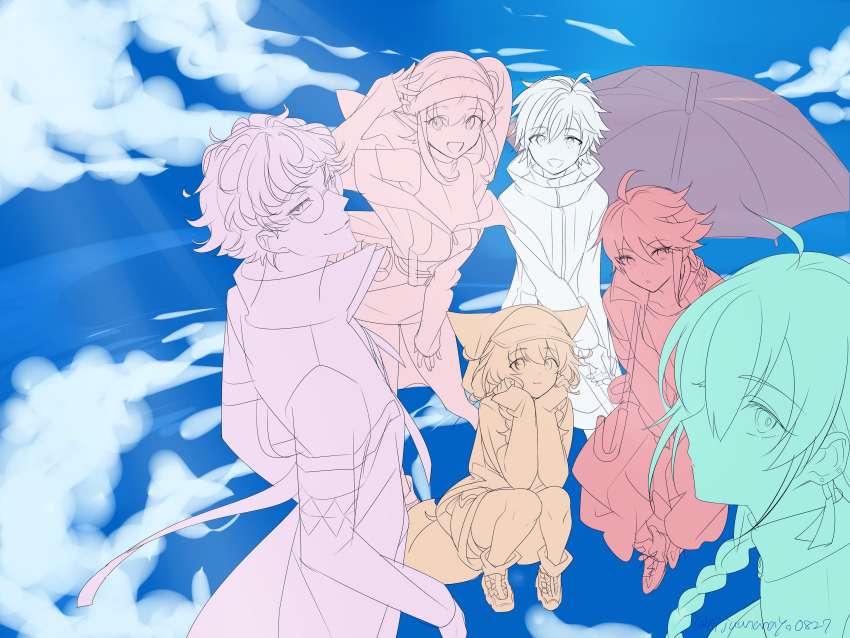 1other 2girls 3boys :d :o absurdres animal_ears animal_hood arm_up baseball_cap blue_sky braid breasts closed_mouth cloud collarbone day elf elu_(nijisanji) fake_animal_ears fang glasses hairband hat highres holding holding_umbrella hood hood_up jacket joe_rikiichi long_hair long_sleeves looking_at_viewer medium_breasts multiple_boys multiple_girls multiple_monochrome nijisanji ninahachi open_mouth outdoors parted_lips pointy_ears round_eyewear ryuushen saegusa_akina shirt shoes shorts side_ponytail single_braid sketch sky sleeves_past_wrists smile squatting suzuki_masaru twitter_username umbrella virtual_youtuber warabeda_meiji