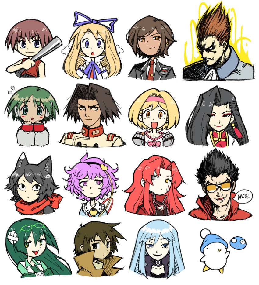 1other 5boys 6+girls akatsuki_(vtuber) akatsuki_blitzkampf angel animal_ears baseball_bat black_hair black_lagoon blonde_hair blue_eyes blue_hair cat_ears cat_girl darkstalkers demitri_maximoff disgaea dungeon_meshi en-eins_kanzen_sekai eyewear_on_head flonne gebura_(project_moon) granblue_fantasy headband hebereke highres higurashi_no_naku_koro_ni holding holding_baseball_bat izutsumi kino_no_tabi komeiji_satori limbus_company lobotomy_corporation long_hair maebara_keiichi multi_(to_heart) multiple_boys multiple_girls nemissa no_more_heroes project_moon shenhua shin_megami_tensei short_hair smile spdcooler speech_bubble sunglasses to_heart to_heart_(series) touhou travis_touchdown white_background wings yellow_eyes