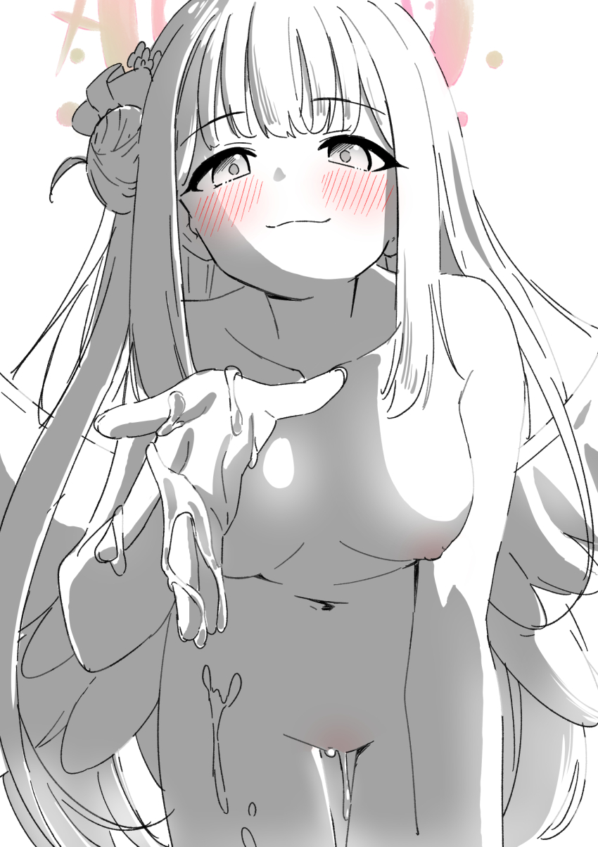 1girl angel_wings blue_archive blush breasts closed_mouth collarbone commentary_request completely_nude danshakubaron feathered_wings flower greyscale hair_bun hair_flower hair_ornament hair_ribbon halo highres long_hair looking_at_viewer low_wings mika_(blue_archive) monochrome navel nipples nude partial_commentary pink_halo pussy_juice pussy_juice_on_fingers ribbon simple_background single_side_bun smile spot_color stomach thighs white_background wings