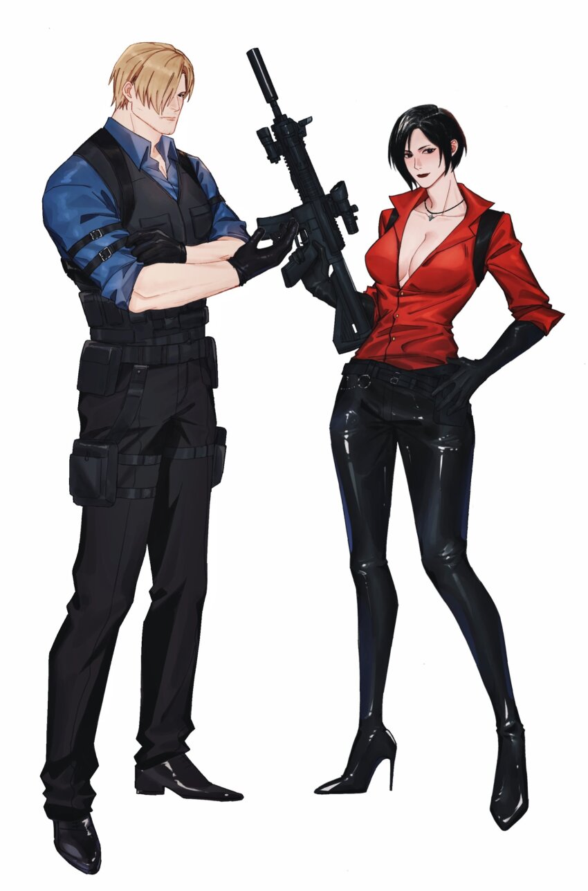1boy 1girl aaamber_22 absurdres ada_wong black_gloves black_hair black_pants black_shoes black_vest blonde_hair blue_shirt breasts cleavage collarbone collared_shirt crossed_arms dress_shoes full_body gloves gun hair_over_one_eye hand_on_own_hip high_heels highres holding holding_gun holding_weapon holster jewelry large_breasts leon_s._kennedy light_smile necklace pants parted_bangs plunging_neckline red_lips red_shirt resident_evil resident_evil_6 shirt shoes short_hair sleeves_rolled_up standing thigh_holster vest weapon white_background