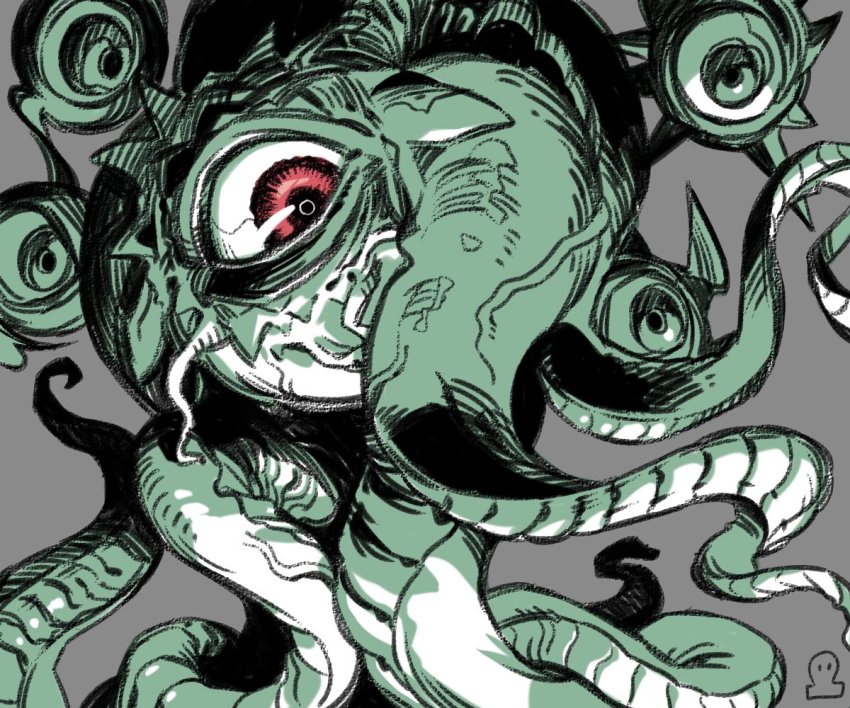 1boy doctor_strange_(series) enim0chi extra_eyes grey_background marvel monster no_humans one-eyed red_eyes shuma_gorath signature simple_background spikes spot_color tentacles