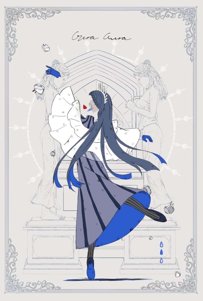 1girl ado_(utaite) blue_hair braid braided_bangs commentary_request dress full_body gira-gira-chan_(ado) gira_gira grey_dress highres inset_border invisible kuiruri long_hair open_mouth solo statue