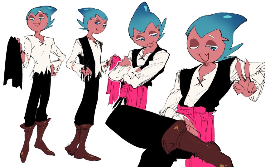 1boy aqua_eyes aqua_hair bandana bandana_around_waist bell_sleeves black_pants black_vest blue_eyes blue_hair brown_footwear cavalier_boots closed_mouth collarbone colored_skin cookie_run crossed_arms fangs fin full_body gradient_hair half-closed_eyes hand_on_own_hip hand_up highres holding holding_bandana holding_sash holding_unworn_clothes holding_vest humanization in_air lace-up_top long_sleeves looking_at_viewer looking_to_the_side male_focus midair multicolored_hair multiple_views one_eye_closed open_mouth pants peace personification pink_bandana pink_sash pink_skin raised_eyebrow sash shark_boy shark_fin shirt short_hair sitting skin_fangs smile sorbet_shark_cookie standing torn_clothes torn_shirt two-tone_hair unworn_vest upper_body v vest white_background white_shirt wink wristband