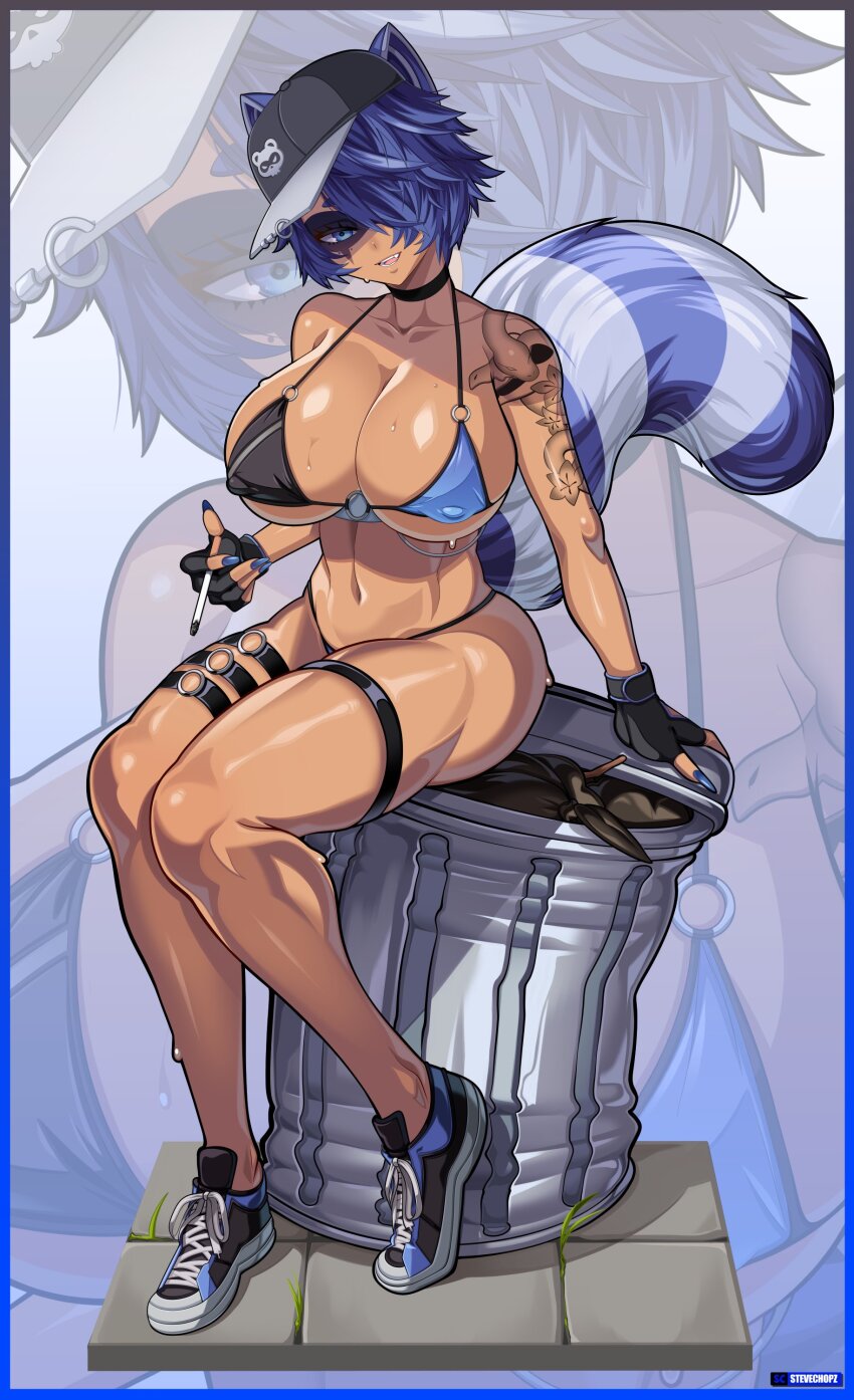 1girl absurdres arm_tattoo artist_name baseball_cap bikini black_bikini black_gloves black_hat blue_bikini blue_eyes blue_hair blue_nails collarbone covered_erect_nipples fingerless_gloves gloves hair_over_one_eye hat highres indie_virtual_youtuber linea_alba multicolored_bikini navel o-ring o-ring_bikini o-ring_thigh_strap open_mouth raccoon_girl raccoon_tail shoes sitting smile snake_tattoo sneakers snuffy_(vtuber) steve_chopz striped_tail sweat swimsuit tail tan tattoo thigh_strap trash_can two-tone_bikini virtual_youtuber