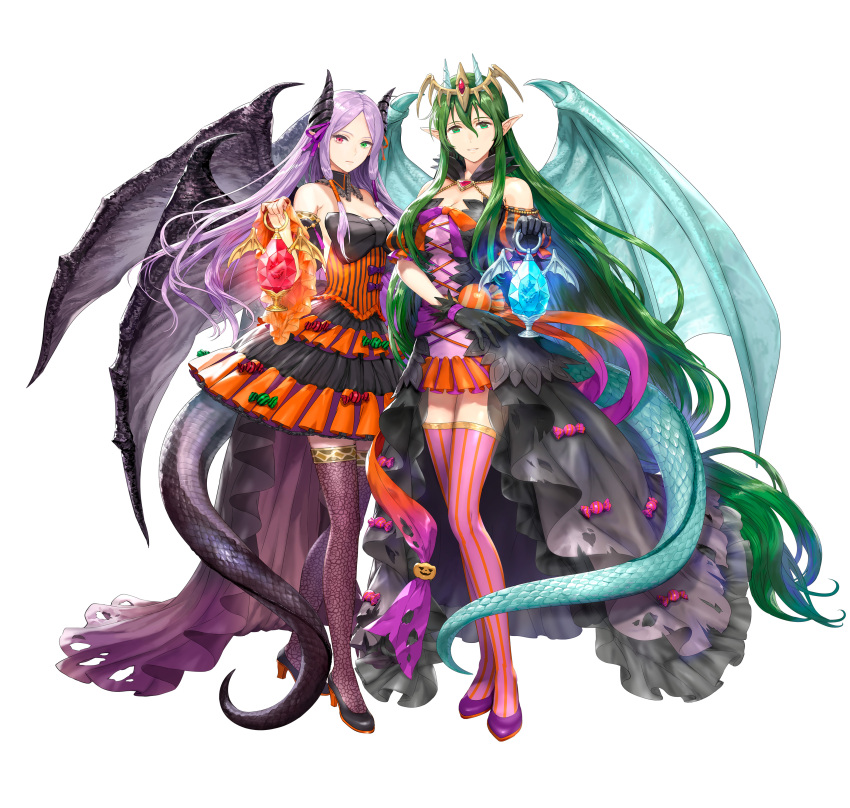 2girls absurdres asatani_tomoyo black_dress black_footwear black_gloves breasts cleavage corset dragon_girl dragon_horns dragon_tail dragon_wings dragonstone dress fire_emblem fire_emblem:_new_mystery_of_the_emblem fire_emblem:_shadow_dragon fire_emblem:_the_binding_blade fire_emblem_heroes gloves green_eyes green_hair heterochromia high_heels highres horns idunn_(fire_emblem) idunn_(halloween)_(fire_emblem) lantern long_hair looking_at_viewer medium_breasts multiple_girls nagi_(fire_emblem) nagi_(halloween)_(fire_emblem) nintendo official_alternate_costume official_art orange_corset pointy_ears purple_footwear purple_hair red_eyes scale_print smile strapless strapless_dress striped_clothes striped_thighhighs tachi-e tail thighhighs vertical-striped_clothes vertical-striped_thighhighs very_long_hair wings