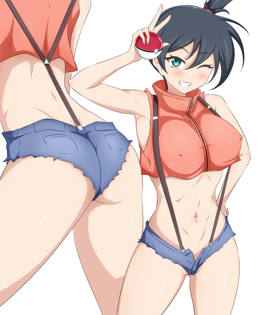 1girl armpits ass asymmetrical_hair black_hair blush breasts danpu denim denim_shorts green_eyes highres holding holding_poke_ball large_breasts legs misty_(pokemon) navel nintendo nipples one_eye_closed poke_ball pokemon pokemon:_the_electric_tale_of_pikachu ponytail sex_toy shirt shorts side_ponytail solo suspenders swimsuit tank_top thighs wink yellow_shirt