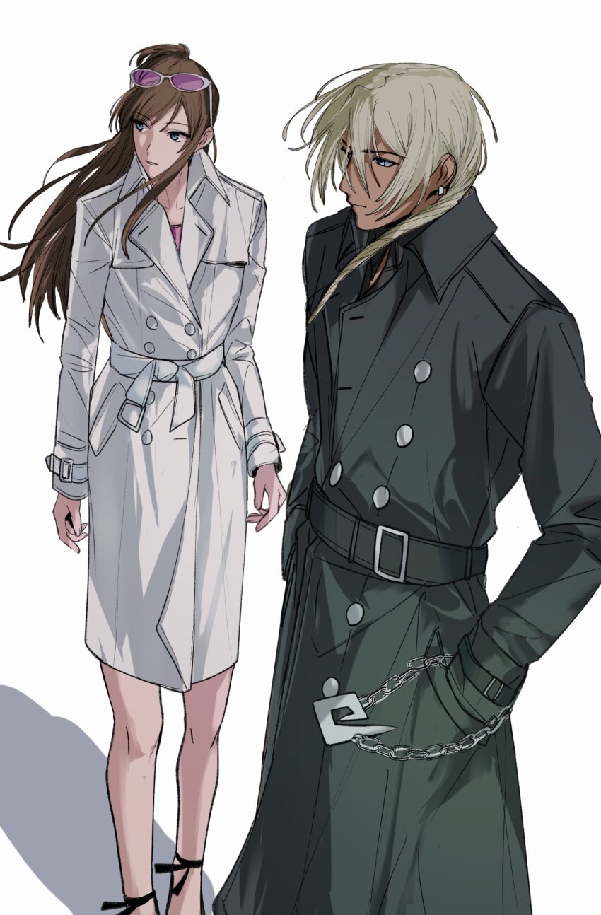 1boy 1girl ace_attorney alternate_costume amikoiiko ankle_ribbon apollo_justice:_ace_attorney belt_buckle black_ribbon black_shoes blonde_hair blue_eyes brown_hair buckle buttons chain chain_necklace closed_mouth coat dark-skinned_male dark_skin double-breasted drill_hair earrings ema_skye eyewear_on_head facing_to_the_side feet_out_of_frame fingernails green_coat half_updo high_heels highres index_ring initial jewelry klavier_gavin leg_ribbon long_hair long_sleeves medium_hair mismatched_eyebrows necklace pink-tinted_eyewear pink_shirt pocket ribbon shadow shirt shoes simple_background single_earring sternocleidomastoid_muscle sunglasses tinted_eyewear trench_coat white-framed_eyewear white_background white_coat