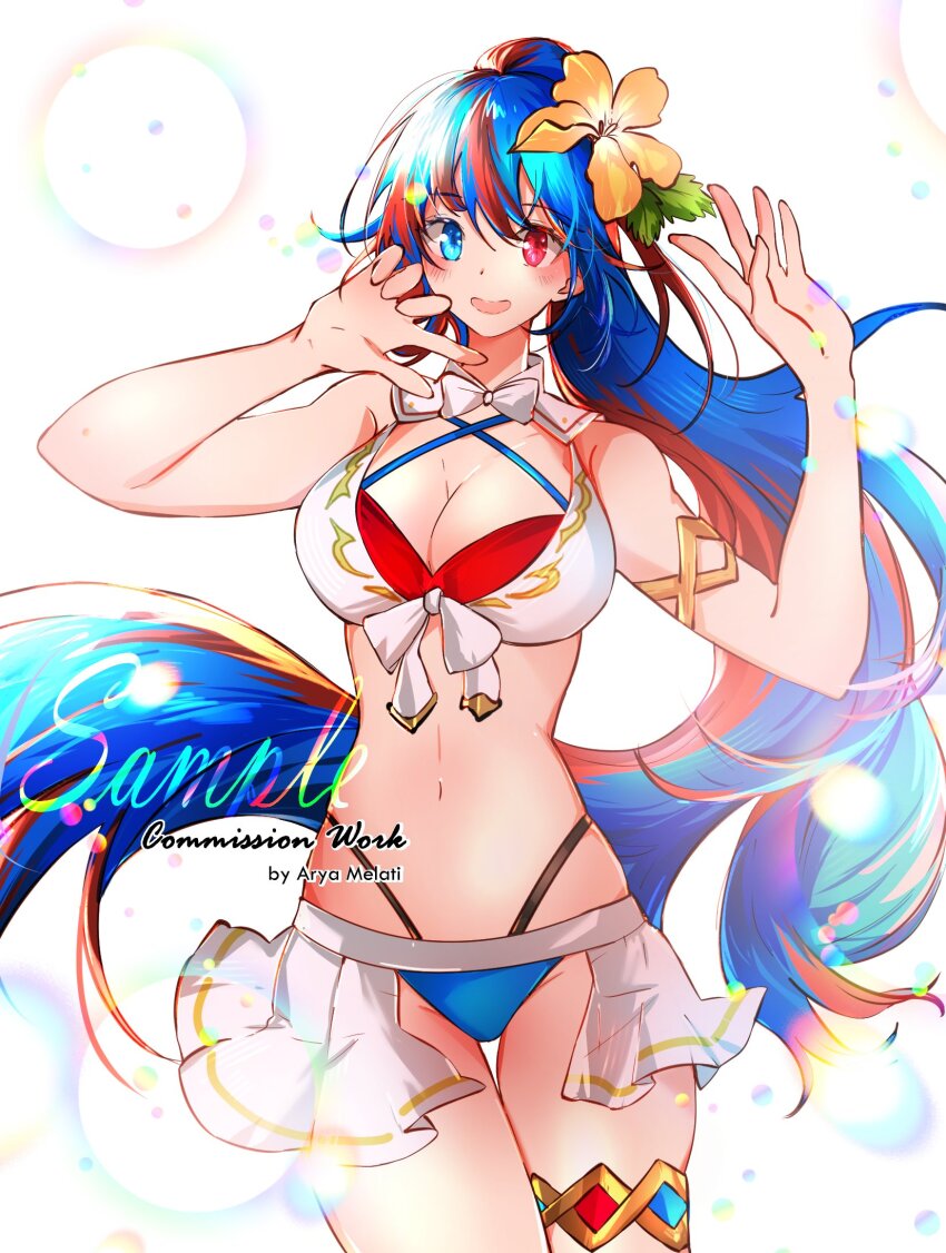 1girl female_alear_(fire_emblem) arya_melati bikini blue_bikini criss-cross_halter crossed_bangs female_alear_(fire_emblem) female_alear_(seaside_dragon)_(fire_emblem) fire_emblem fire_emblem_engage fire_emblem_heroes gold_armlet gold_thighlet halterneck heterochromia highres multicolored_bikini multicolored_hair multicolored_swimsuit nintendo official_alternate_costume official_alternate_hairstyle red_bikini showgirl_skirt split-color_hair swimsuit white_bikini
