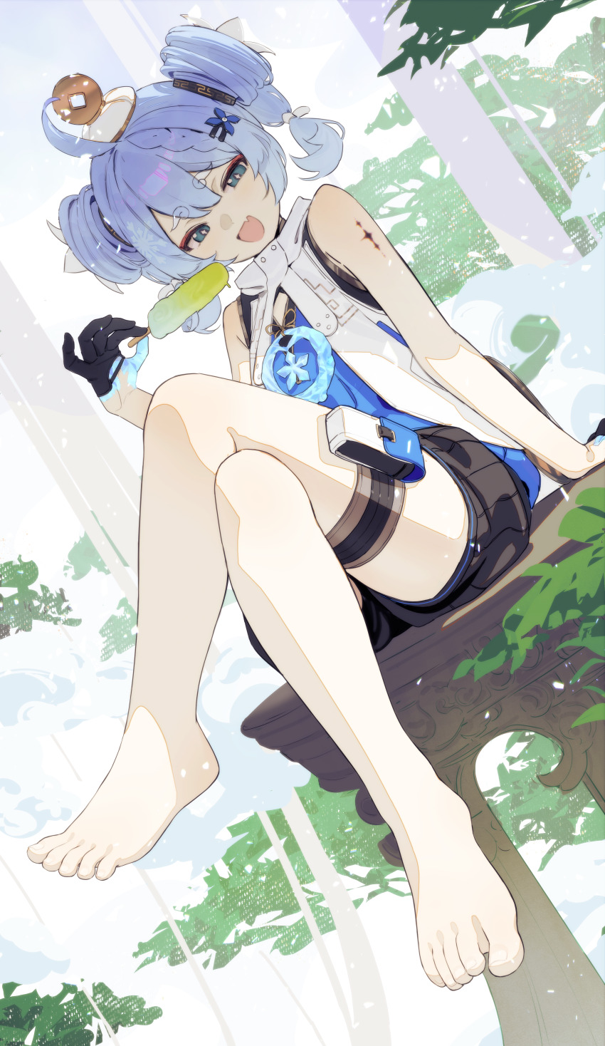 1girl absurdres barefoot black_gloves blue_eyes blue_hair blue_hands coin coin_hat_ornament commentary_request crossed_legs curly_eyebrows fang feet food gloves hair_ornament hair_ribbon hairclip hat hat_ornament highres holed_coin legs looking_at_viewer open_mouth partially_fingerless_gloves popsicle ribbon sitting skin_fang sleeveless solo songchuan_li tacet_mark_(wuthering_waves) thigh_strap toenails toes tree white_ribbon wuthering_waves youhu_(wuthering_waves)