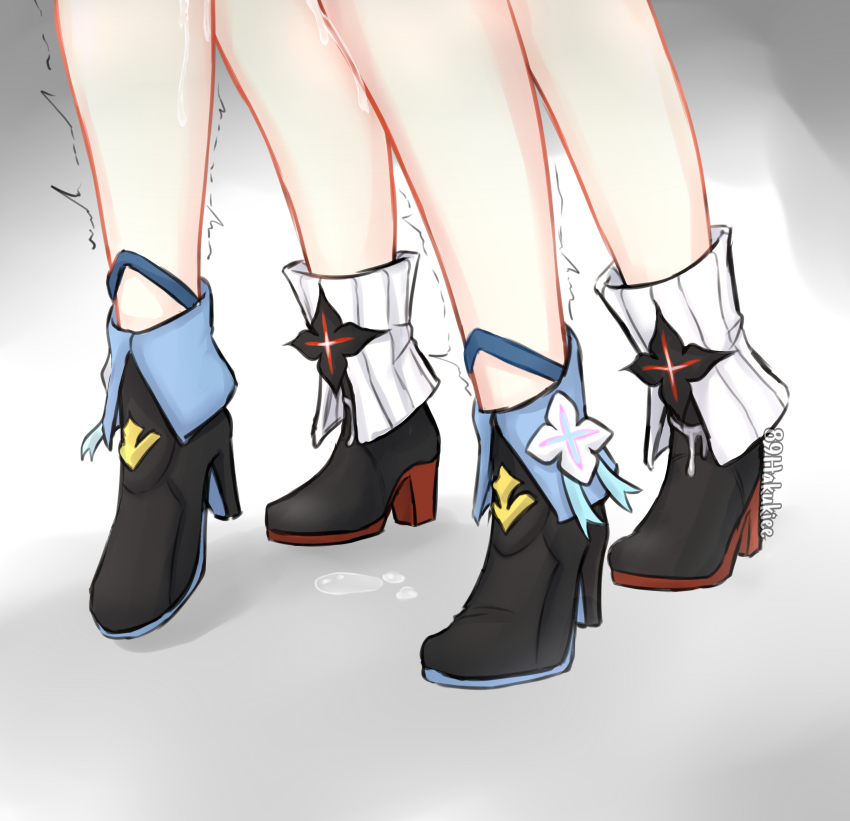 2girls absurdres artist_name black_boots black_flower black_shoes blue_socks boots commentary dual_persona english_commentary evernight_(honkai:_star_rail) flower flower_ornament footwear_focus grey_background hakukiee high_heel_boots high_heels highres honkai:_star_rail honkai_(series) implied_futanari implied_sex march_7th_(honkai:_star_rail) march_7th_(preservation)_(honkai:_star_rail) multiple_girls pussy_juice pussy_juice_puddle selfcest shoes simple_background socks standing trembling watermark white_flower white_socks yuri
