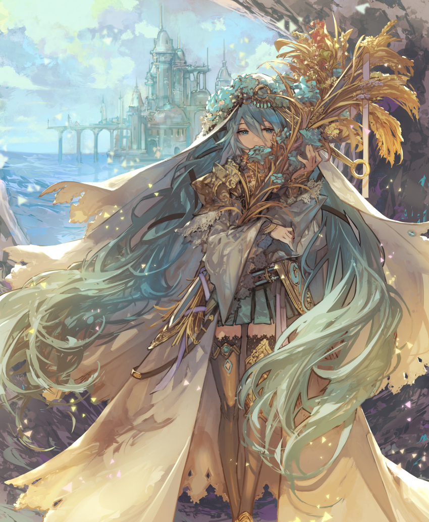 1girl absurdres aqua_eyes aqua_flower aqua_hair aqua_skirt boots brown_boots building commentary_request flower hair_between_eyes hatsune_miku highres holding holding_plate kazama_raita long_hair looking_at_viewer magic:_the_gathering official_art plate pleated_skirt skirt solo thigh_boots thighhighs twintails veil very_long_hair vocaloid white_veil zettai_ryouiki