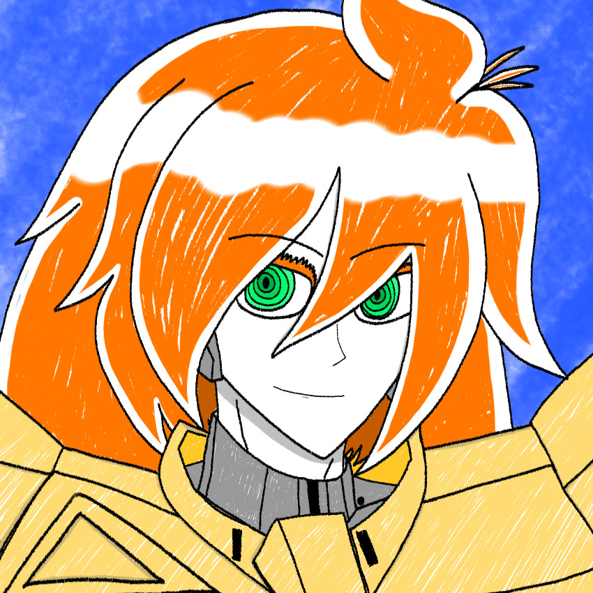 armor blue_background cyborg gold_armor green_eyes highres ludwin_(demi) orange_hair shishiou_gai smile yuusha_ou_gaogaigar yuusha_series