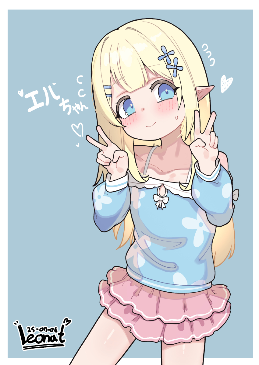 1girl absurdres artist_name blonde_hair blue_background blue_eyes blue_shirt blush character_name closed_mouth collarbone commentary_request cowboy_shot dated double_v flat_chest flying_sweatdrops hair_ornament hairclip heart highres layered_skirt leonat long_hair long_sleeves looking_at_viewer miniskirt off-shoulder_shirt off_shoulder original parallel_hairclips pink_skirt pleated_skirt pointy_ears puffy_long_sleeves puffy_sleeves shirt signature simple_background skirt solo v