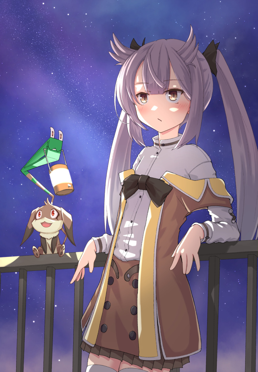 1girl against_railing black_bow blush bow brown_eyes brown_skirt closed_mouth commentary_request creature fear_jyosyu hair_ears highres jacket long_hair long_sleeves mashiko_kaoru nene_(toji_no_miko) night night_sky off_shoulder orange_jacket osafune_girls_academy_school_uniform pink_hair pleated_skirt railing school_uniform shirt sidelocks skirt sky solo standing star_(sky) starry_sky thighhighs toji_no_miko twintails white_shirt white_thighhighs winter_uniform