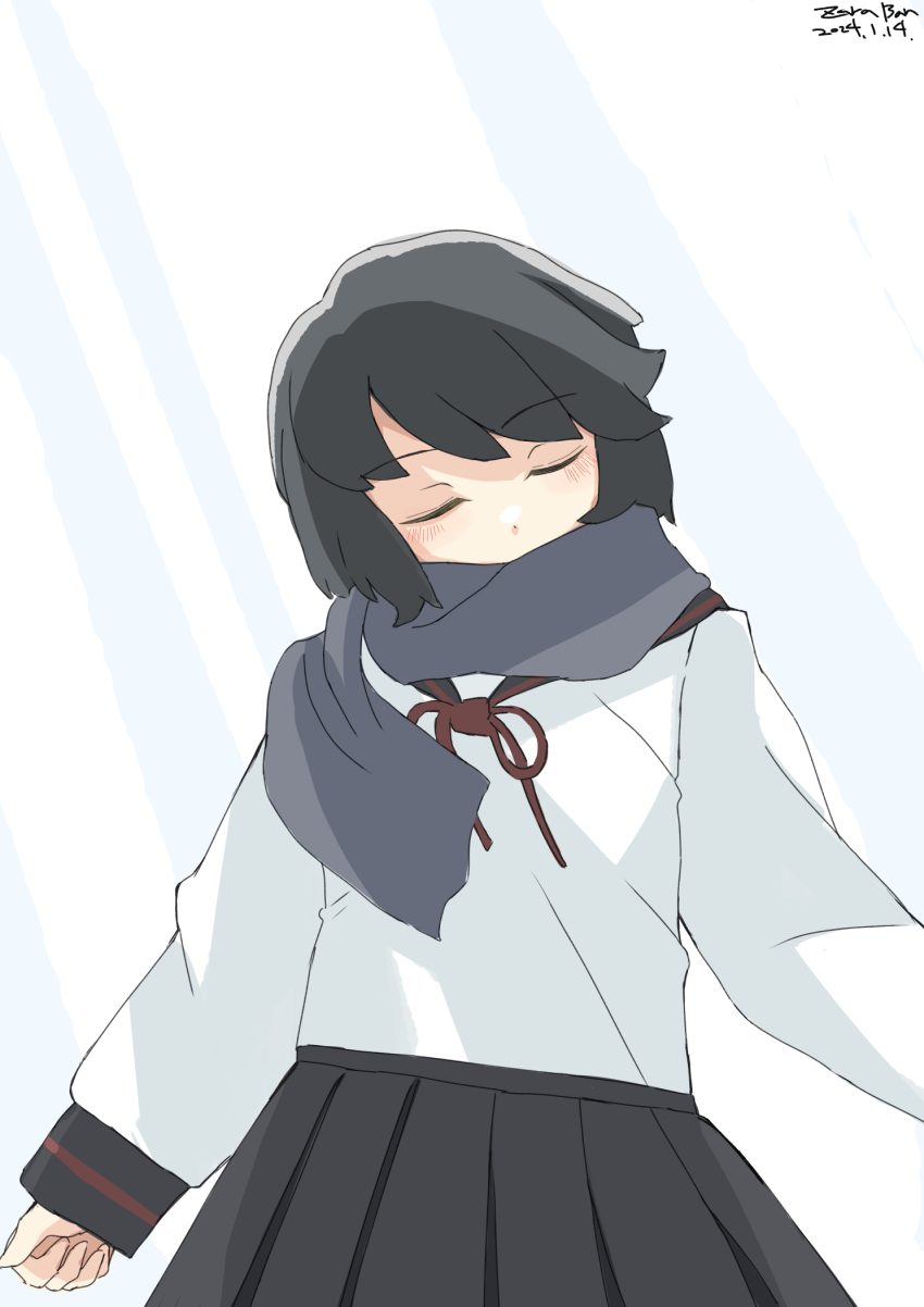 1girl adapted_costume black_hair black_sailor_collar black_skirt covered_mouth cowboy_shot grey_scarf highres kantai_collection long_sleeves miyuki_(kancolle) miyuki_kai_ni_(kancolle) one-hour_drawing_challenge pleated_skirt sailor_collar sailor_shirt scarf shirt short_hair skirt solo toplow white_shirt