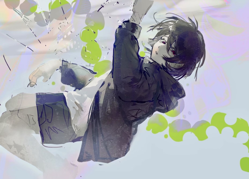 1boy black_hair black_jacket black_shorts chinese_commentary commentary_request feet_out_of_frame hair_between_eyes heibaihuabing highres hood hood_down hooded_jacket isoi_haruki jacket long_sleeves male_focus parted_lips red_eyes saibou_shinkyoku shirt short_hair shorts solo white_shirt