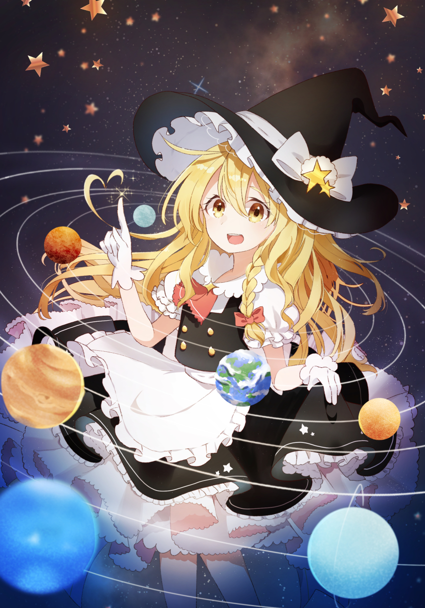 1girl :d absurdres ametama_(runarunaruta5656) apron ascot black_skirt blonde_hair bow braid commentary earth_(planet) female_focus frilled_apron frilled_skirt frills gloves hair_between_eyes hair_bow hat highres index_finger_raised jupiter_(planet) kirisame_marisa long_hair mars_(planet) mercury_(planet) open_mouth orbit planet puffy_short_sleeves puffy_sleeves red_ascot red_bow saturn_(planet) short_sleeves side_braid skirt skirt_hold smile solar_system solo space star_(sky) star_(symbol) touhou uranus_(planet) venus_(planet) waist_apron white_gloves witch_hat yellow_eyes