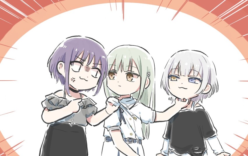 3girls :3 angry bang_dream! bang_dream!_it&#039;s_mygo!!!!! black_shirt black_skirt blue_eyes clothes_grab commentary dress frilled_shirt frills grey_shirt hair_ornament hairclip heterochromia kaname_raana layered_sleeves long_sleeves lyy mortis_(bang_dream!) mortis_(persona)_(bang_dream!) multiple_girls off-shoulder_shirt off_shoulder purple_hair school_uniform shirt short_hair short_over_long_sleeves short_sleeves skirt smug symbol-only_commentary tsukinomori_school_uniform wakaba_mutsumi white_dress white_hair white_shirt yellow_eyes yuutenji_nyamu