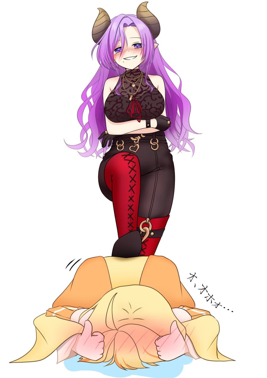 2girls ahoge arm_under_breasts black_gloves black_pants black_shirt blonde_hair blush boots breasts brown_horns commentary_request cross-laced_footwear cuore_0624 demon_girl demon_horns double_thumbs_up dress full_body gloves grin hair_blush highres hinata_mashu horns jewelry lace_shirt large_breasts long_hair looking_at_viewer mole mole_under_mouth multiple_girls nanashi_inc. necklace orange_dress pants pointy_ears purple_eyes purple_hair red_footwear saionji_mary shirt short_hair simple_background sleeveless sleeveless_shirt smile stepped_on thigh_boots thumbs_up translation_request virtual_youtuber wavy_hair white_background