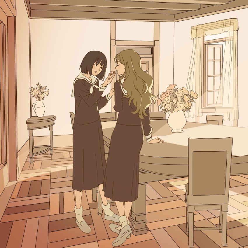2girls 55bata6rou black_hair black_serafuku black_shirt black_skirt bouquet brown_hair candy chair closed_eyes clubroom curtains feeding flower food full_body highres holding holding_candy holding_food indoors lillian_girls&#039;_academy_school_uniform long_hair long_sleeves looking_at_another maria-sama_ga_miteru multiple_girls neckerchief nijou_noriko open_window pleated_skirt sailor_collar school_uniform serafuku shirt shoes short_hair skirt slice_of_life socks standing sunlight table toudou_shimako vase white_neckerchief white_sailor_collar window
