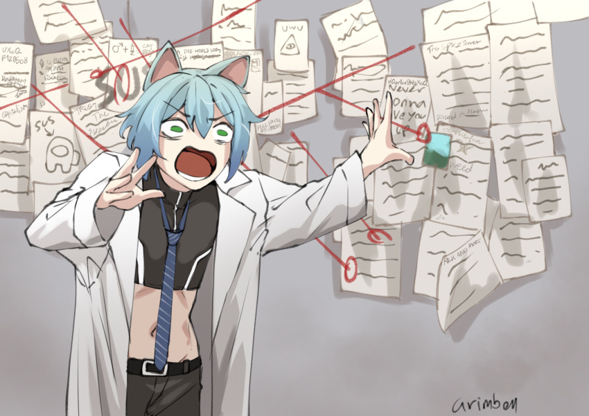 1boy animal_ears blue_hair cat_ears commission commissioner_upload crewmate_(among_us) eye_of_providence grimbell highres indie_virtual_youtuber it&#039;s_always_sunny_in_philadelphia lab_coat loose_necktie meme monori-chan navel necktie paper pepe_silvia_(meme) string evidence_board