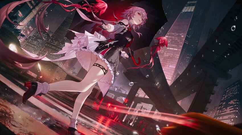 00suger001 1girl absurdres breasts building cityscape commentary dress earrings english_commentary evernight_(honkai:_star_rail) evey_(honkai:_star_rail) full_body gloves hashtag-only_commentary highres holding holding_umbrella honkai:_star_rail honkai_(series) jewelry layered_dress legs long_hair march_7th_(honkai:_star_rail) medium_breasts outdoors pink_hair red_eyes shoes single_earring solo_focus thigh_strap umbrella very_long_hair water_drop