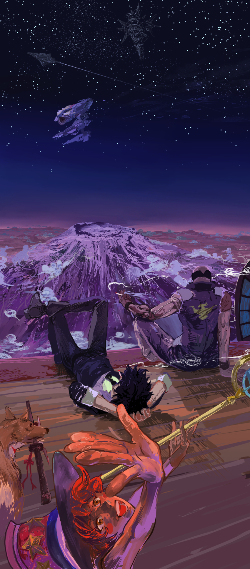 absurdres child cowboy_bebop dog edward_wong_hau_pepelu_tivrusky_iv ein_(cowboy_bebop) happy highres jet_black ken_kenpa mount_kilimanjaro multiple_boys necktie on_floor open_mouth orange_hair prosthesis prosthetic_arm shirt sky smoking snow star_(sky) star_(symbol) starry_sky sword weapon welsh_corgi yellow_shirt