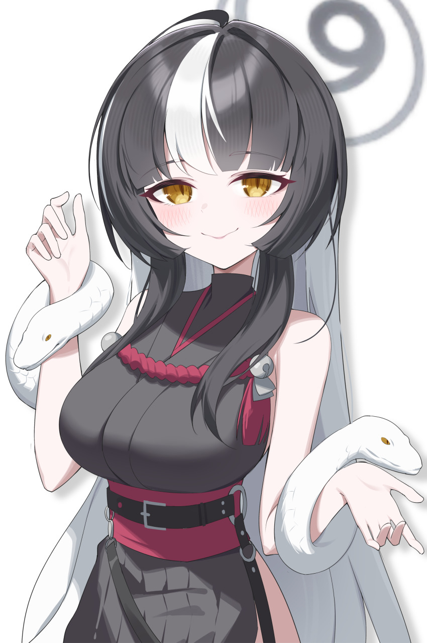 1girl absurdres azami_(blue_archive) bare_shoulders black_dress black_hair blue_archive breasts closed_mouth dress grey_halo halo highres jei_(user_tckk7448) large_breasts long_hair looking_at_viewer multicolored_hair shadow simple_background snake solo white_background white_hair white_snake yellow_eyes
