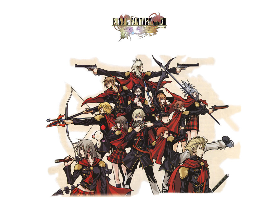 6+boys 6+girls ace_(fft-0) black_hair blonde_hair blue_eyes bow_(weapon) braid brown_eyes brown_hair cape card cater_(fft-0) cinque_(fft-0) deuce_(fft-0) dual_wielding eight_(fft-0) final_fantasy final_fantasy_type-0 flute green_eyes gun handgun highres holding instrument jack_(fft-0) katana king_(fft-0) mace multiple_boys multiple_girls nine_(fft-0) nomura_tetsuya official_art official_wallpaper pistol plaid_clothes plaid_skirt polearm queen_(fft-0) red_hair scythe seven_(fft-0) sice_(fft-0) silver_hair skirt spear sword trey_(fft-0) uniform weapon whip_sword