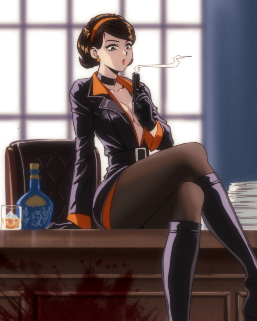 1980s_(style) 1girl alcohol animification black_boots blood blood_splatter blue_eyes boots bottle breasts brown_hair cate_archer chair choker cleavage cork cup desk drinking_glass gun handgun highres holding holding_gun holding_weapon ice ice_cube medium_breasts no_one_lives_forever oldschool pantyhose paper_stack retro_artstyle short_hair solo weapon whiskey window wine_bottle yoodotann