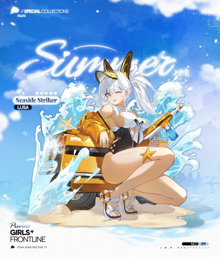 1girl animal_ears bandaid bandaid_on_face bandaid_on_nose black_one-piece_swimsuit blue_eyes breasts cropped_jacket fake_animal_ears feet freckles front_zipper_swimsuit_(realise) full_body girls&#039;_frontline highres honda_motocompo jacket large_breasts long_sleeves looking_at_viewer lusa_(girls&#039;_frontline) lusa_(seaside_striker)_(girls&#039;_frontline) lusa_submachine_gun medium_hair meme_attire mto_man off_shoulder official_alternate_costume official_art one-piece_swimsuit one_eye_closed partially_unzipped rabbit_ears sand sandals side_ponytail simple_background solo squatting star_(symbol) starfish sweatdrop swimsuit taking_cover third-party_source toes transparent_background trigger_discipline two-tone_swimsuit unused_tire visor_cap water waves white_hair white_sandals yellow_jacket