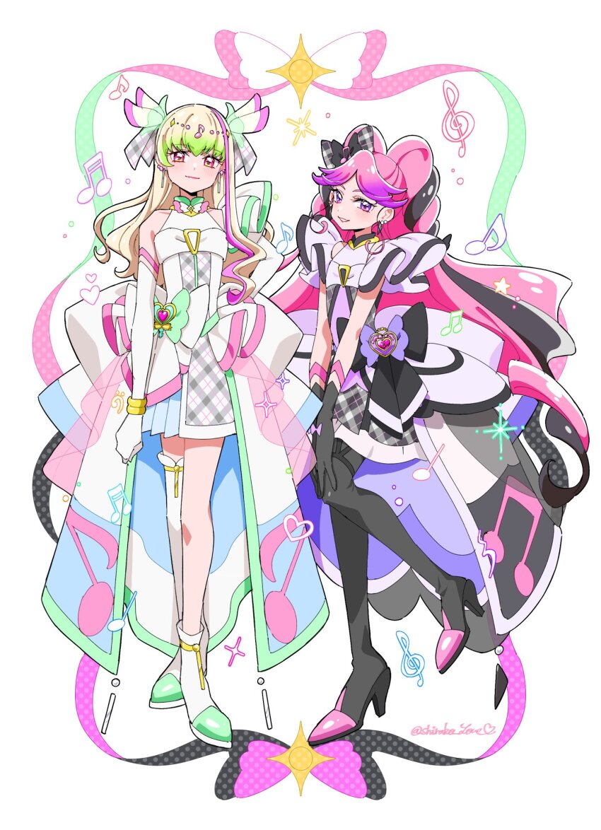 2girls asymmetrical_legwear bare_shoulders beads black_bow black_dress black_gloves black_hair black_pantyhose black_shorts black_skirt blonde_hair bow bow-shaped_hair bracelet circlet clenched_hand closed_mouth collared_dress colored_tips cure_kiss cure_zukyuun detached_sleeves dress earrings elbow_gloves eyelashes flats fortissimo frilled_dress frilled_skirt frills full_body gloves gold_bracelet green_hair green_shoes grey_dress grey_ribbon hair_beads hair_bow hair_ornament hair_ribbon hand_on_own_hip hand_on_own_knee high_collar high_heels highres jewelry kimi_to_idol_precure layered_dress light_blush long_dress long_hair looking_at_viewer magical_girl meroron_(precure) miniskirt multicolored_hair multicolored_shoes multiple_girls musical_note musical_note_hair_ornament musical_note_print pantyhose parted_bangs parted_lips pink_eyes pink_hair pink_shoes plaid_bow plaid_clothes plaid_dress plaid_ribbon pleated_sleeves precure pumps purirun_(precure) purple_hair purple_shirt ribbon shirako_love shirt shoes short_dress short_sleeves shorts sidelocks single_bare_leg single_detached_sleeve single_sock single_thighhigh skirt sleeveless sleeveless_dress smile socks sparkle standing streaked_hair thigh_strap thighhighs treble_clef twitter_username two-tone_shoes waist_bow wavy_hair white_background white_bow white_dress white_gloves white_sleeves white_socks white_thighhighs