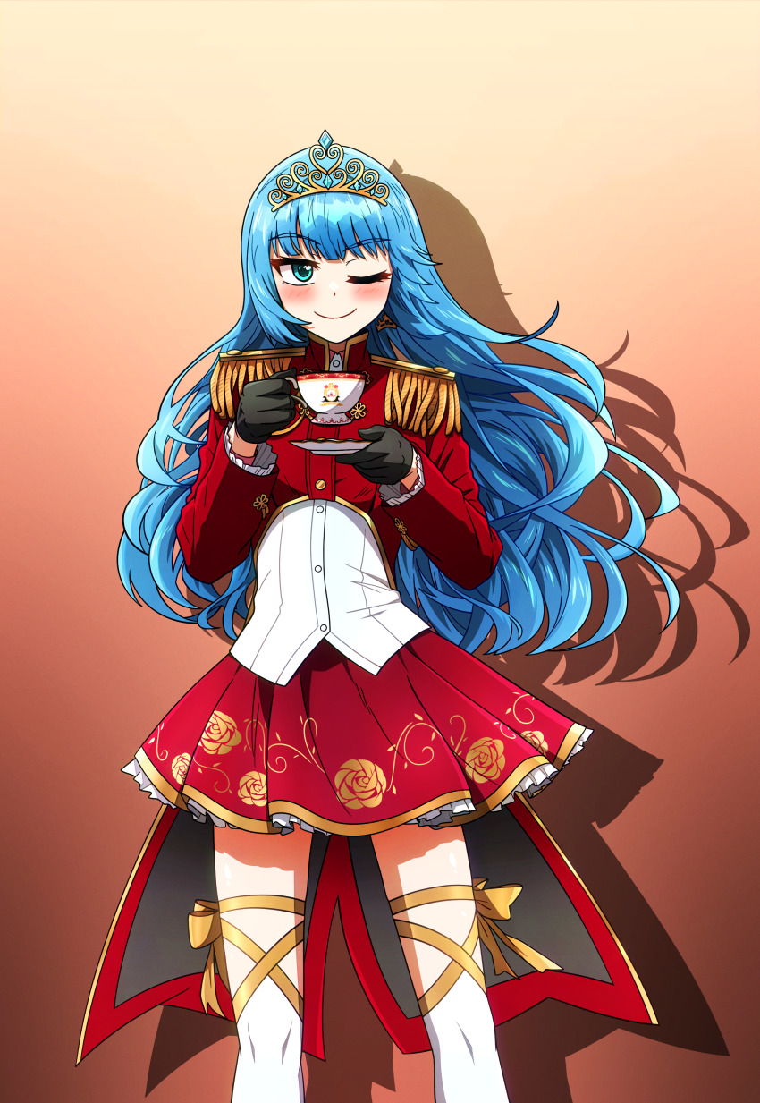 1girl absurdres aqua_eyes aqua_hair black_gloves blush commentary_request cup ddolbang epaulettes gloves highres holding holding_cup holding_plate indie_virtual_youtuber long_hair mytyl_maerchen one_eye_closed plate red_shirt red_skirt shadow shirt skirt smile solo standing teacup tiara virtual_youtuber
