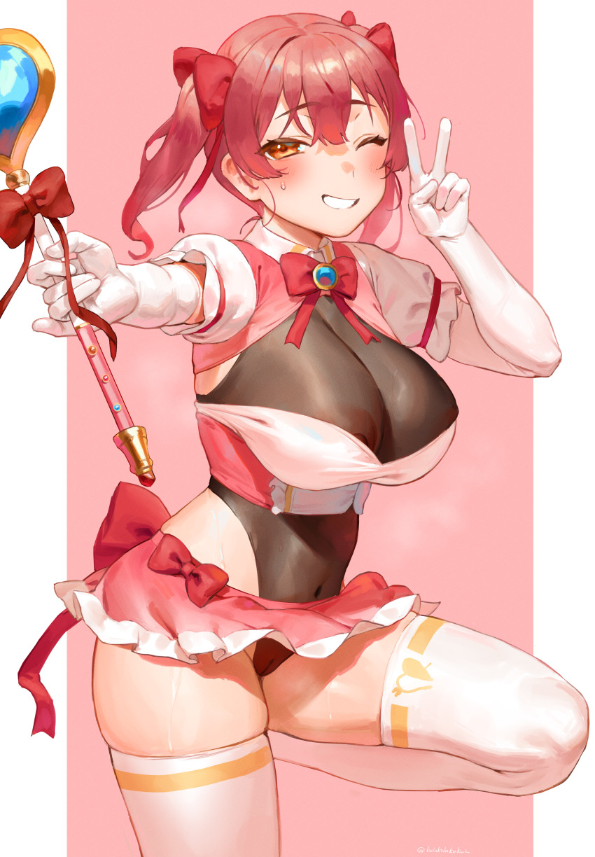 1girl absurdres areola_slip blush breasts cleavage cleft_of_venus elbow_gloves frikulu gloves grin highres holding holding_wand hololive houshou_marine large_breasts leg_up leotard long_hair looking_at_viewer navel one_eye_closed red_eyes red_hair see-through_clothes smile solo sweatdrop thighhighs twintails v virtual_youtuber wand white_gloves white_thighhighs