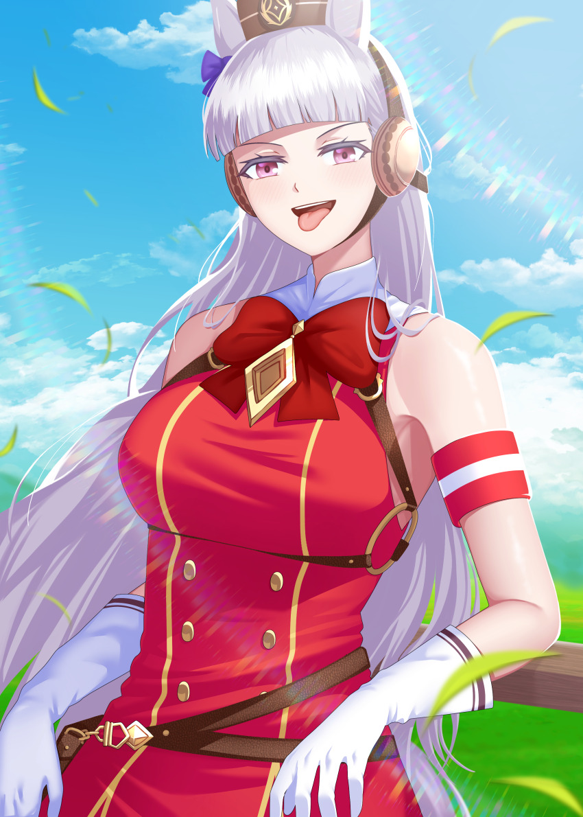1girl absurdres animal_ears armband bbreaad belt_pouch blue_sky blunt_bangs bow bowtie breasts brown_hat dress ear_bow ear_ribbon fence gloves gold_ship_(red_strife)_(umamusume) gold_ship_(umamusume) grass grey_hair hat highres horse_ears horse_girl horse_tail large_breasts long_hair looking_at_viewer open_mouth outdoors pillbox_hat pouch purple_bow purple_eyes red_bow red_bowtie red_dress sky sleeveless sleeveless_dress smile solo striped_armband striped_clothes tail teeth tongue tongue_out umamusume upper_body white_gloves