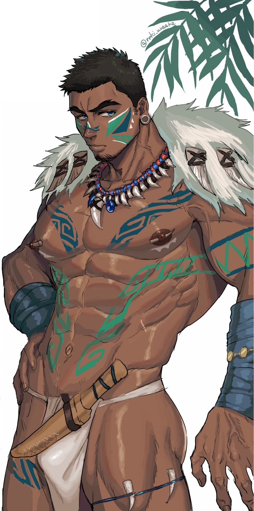 1boy abs absurdres bara bare_pectorals blue_eyes brown_hair bulge bulge_press chest_tattoo dagger dark-skinned_male dark_skin earlobe_stretcher facepaint facial_hair facial_mark feet_out_of_frame frown fur_(clothing) fur_collar goatee highres jewelry knife large_pectorals looking_at_viewer male_focus mature_male muscular muscular_male navel necklace nipple_piercing nipples original pectorals piercing plug_(piercing) reki_uraaka sheath short_hair sideburns solo stomach tattoo thick_eyebrows thick_lips thick_thighs thighs tooth_necklace tribal veins veiny_crotch veiny_hands veiny_neck weapon white_loincloth