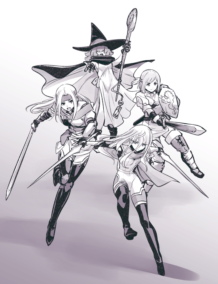 4girls absurdres black_thighhighs bodysuit boots cape commentary dress gloves greyscale hair_between_eyes hat headband highres holding holding_shield holding_staff holding_sword holding_weapon kato_takuji leg_armor long_hair ma_no_mono-tachi medium_hair monochrome multiple_girls shield shirt staff sword thigh_boots thighhighs weapon witch_hat