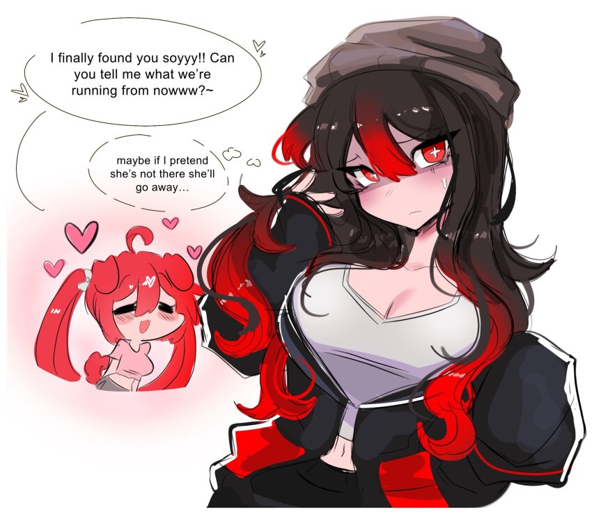 +_+ 2girls =_= animal_ears beanie beanie_hat black_hair black_hat black_jacket black_pants blush_stickers borrowed_character breasts chibi chibi_inset cleavage closed_eyes closed_mouth crop_top dog_ears english_text gradient_hair hat heart highres jacket ketchup_(bonzomcbonbon) large_breasts long_sleeves midriff multicolored_hair multiple_girls navel open_clothes open_jacket open_mouth original pants pink_shirt ratz_98 red_eyes red_hair shirt sleeves_past_fingers sleeves_past_wrists soy_(bonzomcbonbon) speech_bubble streaked_hair twintails