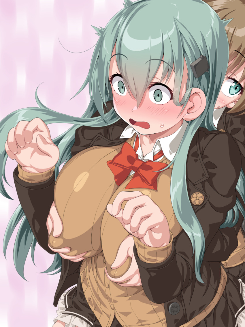 2girls blazer blush bow bowtie breasts brown_cardigan brown_hair brown_jacket brown_skirt buttons cardigan collared_shirt dd_(ijigendd) frilled_skirt frills grabbing_another&#039;s_breast grabbing_from_behind green_eyes green_hair groping hair_between_eyes hair_ornament hairclip highres jacket kantai_collection kumano_(kancolle) kumano_kai_ni_(kancolle) large_breasts long_hair long_sleeves multiple_girls nipple_stimulation nipple_tweak open_clothes open_jacket open_mouth red_bow red_bowtie shirt skirt suzuya_(kancolle) suzuya_kai_ni_(kancolle) white_shirt yuri