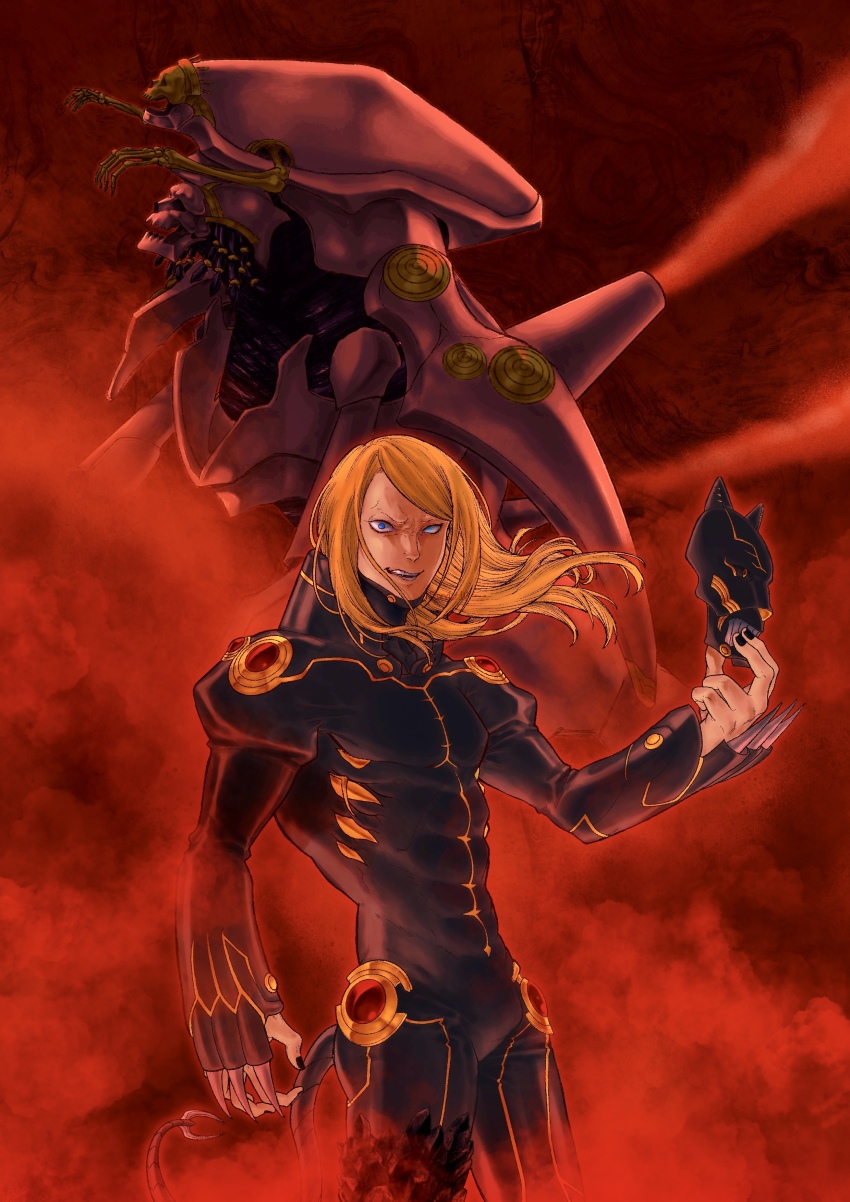 1boy absurdres armor black_armor black_mask black_nails blonde_hair blue_eyes claw_(weapon) cowboy_shot fate/grand_order fate_(series) full_armor highres holding holding_mask long_hair male_focus mask unworn_mask missing_limb noble_phantasm_(fate) ranrander skull smoke solo tail tezcatlipoca_(fate) tezcatlipoca_(second_ascension)_(fate) weapon