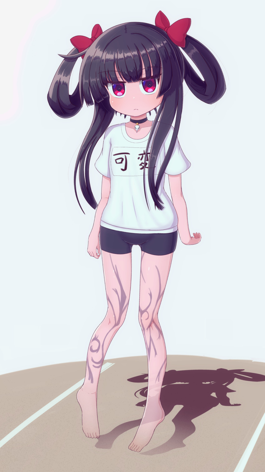 1girl afloat black_hair body_markings collar death_alma emil_chronicle_online flat_chest floating ghost gym_uniform hair_ribbon hair_rings highres red_eyes red_ribbon ribbon rna0 see-through_body