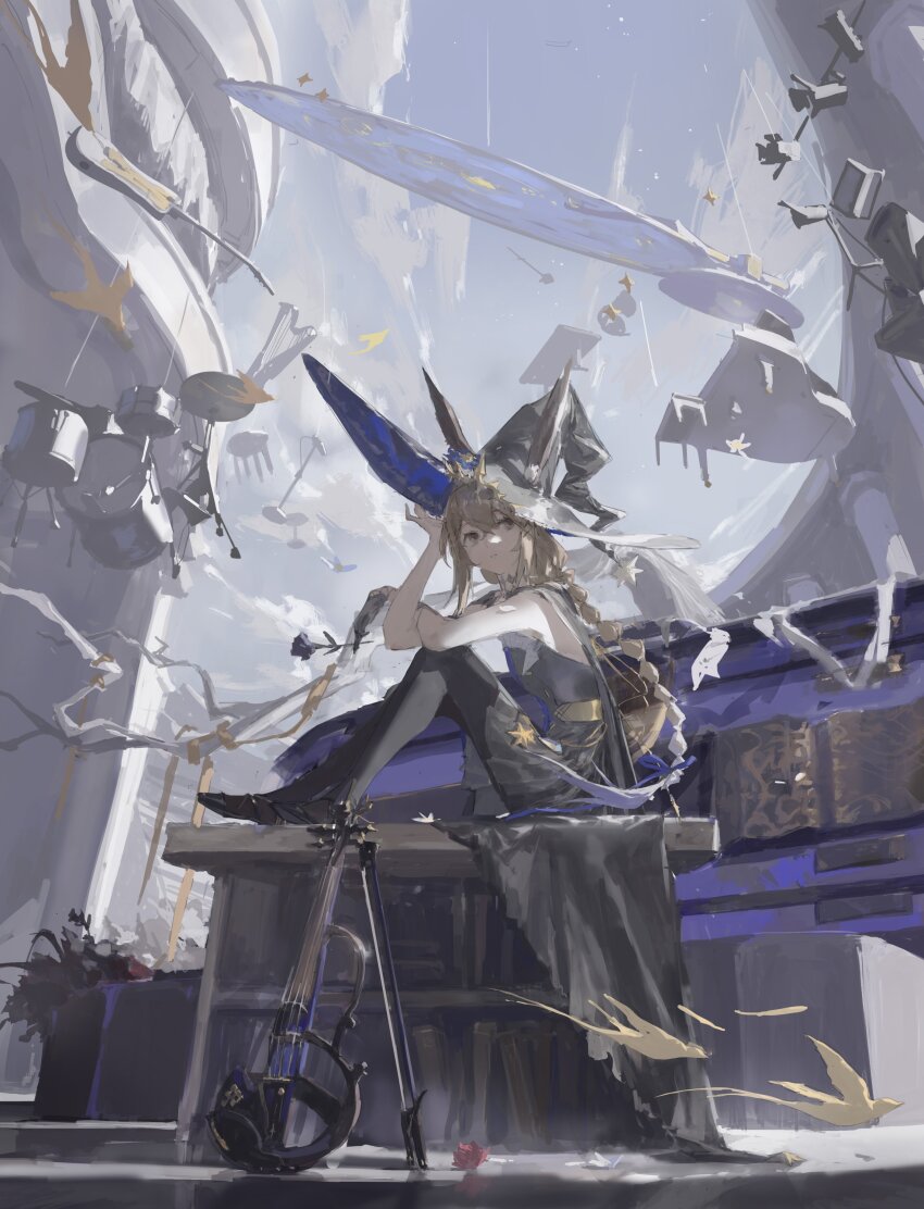 absurdres amiya_(arknights) amiya_(medic)_(arknights) amiya_(medic)_(solo_around_the_world)_(arknights) animal_ears arknights bird black_dress black_gloves black_hat black_pantyhose blue_eyes bow_(music) braid brown_hair commentary dress drum elbows_on_knees electric_guitar english_commentary floating floating_instrument floating_object flower from_below from_side full_body gloves grand_piano guitar hair_between_eyes hair_ribbon harp hat highres holding holding_flower instrument long_hair long_sidelocks looking_at_viewer microphone_stand official_alternate_costume pantyhose piano rabbit_ears rabbit_girl ribbon sidelocks single_glove sitting sketch solo violin witch_hat zygocactus