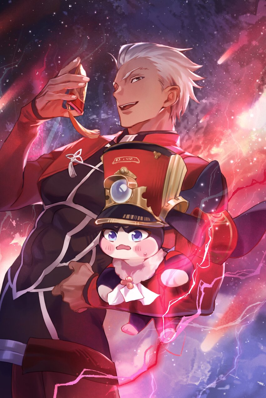 1boy absurdres archer_(fate) armor coat crossover dark-skinned_male dark_skin fate/stay_night fate/unlimited_blade_works fate_(series) geene highres honkai:_star_rail honkai_(series) male_focus pom-pom_(honkai:_star_rail) red_coat smile white_hair