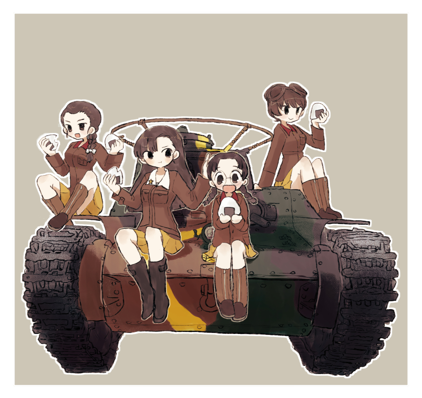 4girls :t absurdres asymmetrical_bangs black_eyes black_footwear black_hair boots braid braided_ponytail brown_footwear brown_hair brown_jacket chi-hatan_military_uniform closed_mouth commentary eating food fukuda_haru girls_und_panzer glasses grey_background hair_over_shoulder hair_pulled_back hair_ribbon hair_rings hand_on_another&#039;s_head highres holding holding_food hosomi_shizuko jacket knee_boots long_hair long_sleeves looking_at_viewer low_twintails military military_uniform military_vehicle miniskirt motor_vehicle multiple_girls nishi_kinuyo on_tank onigiri open_mouth outline pleated_skirt ri_(qrcode) ribbon rimless_eyewear round_eyewear short_hair simple_background single_braid sitting skirt smile star_(symbol) straight_hair tamada_tamaki tank twin_braids twintails type_97_chi-ha white_outline white_ribbon yellow_skirt