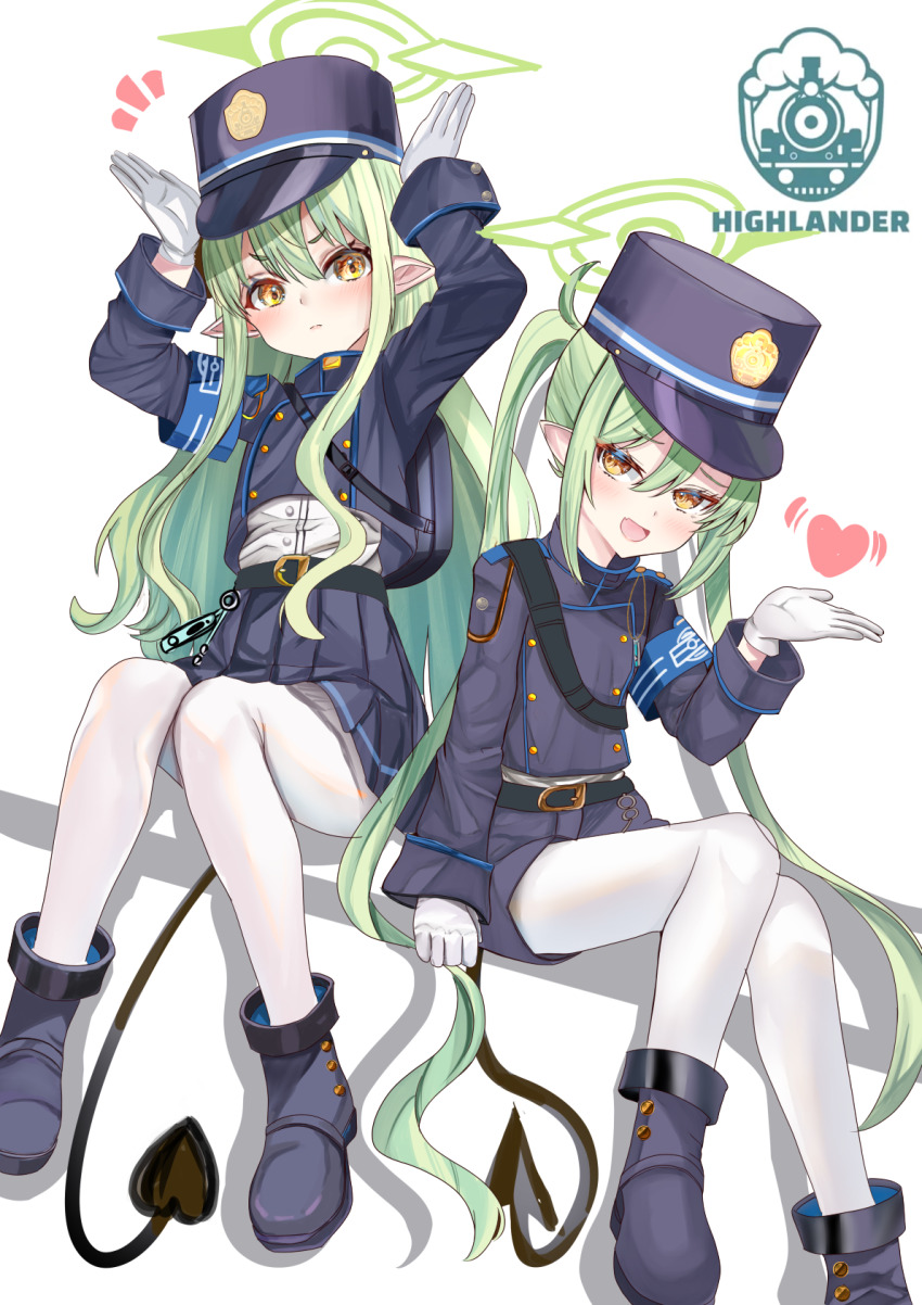 2girls blue_archive blue_hat blue_jacket blush boots commentary_request demon_girl demon_tail gloves green_hair green_halo hair_between_eyes halo hands_up hat heart highres hikari_(blue_archive) jacket long_hair mitsu336 multiple_girls nozomi_(blue_archive) open_mouth pantyhose pointy_ears revision siblings sisters sitting smile tail twintails very_long_hair white_background white_gloves white_pantyhose yellow_eyes