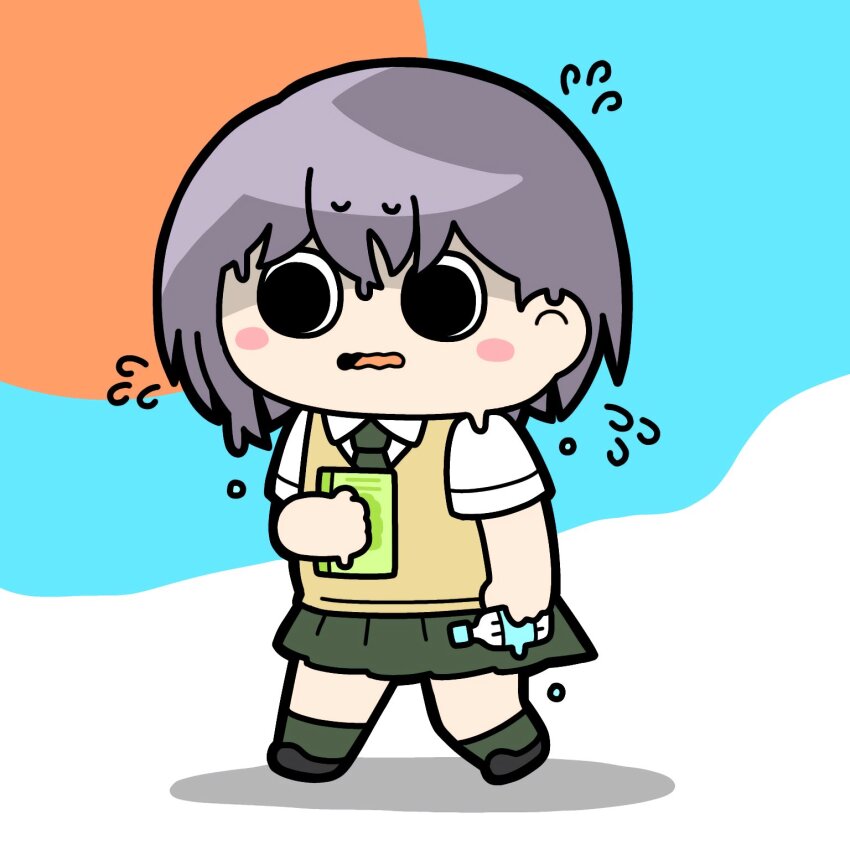1girl arm_at_side bang_dream! bang_dream!_it&#039;s_mygo!!!!! black_shoes blue_background blush book bottle brown_sweater_vest collared_shirt commentary flying_sweatdrops green_necktie green_skirt green_socks grey_hair hand_up haneoka_school_uniform highres holding holding_book holding_bottle konpeitoull_(c12h22o11_tr_6) looking_ahead medium_hair melting miniskirt necktie orange_background parted_lips partially_shaded_face pleated_skirt school_uniform shirt shoes short_sleeves skirt socks solid_circle_pupils solo standing sweater_vest takamatsu_tomori walking wavy_mouth white_background white_shirt