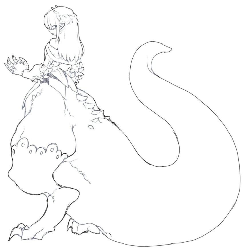 1boy asymmetrical_eyes bare_shoulders blunt_bangs braid claws closed_mouth demi_(dizzyspells) dizzyspells dragon_boy dragon_horns dragon_tail embarrassed feminine fingernails from_behind full_body highres horns lace_trim lineart long_hair looking_at_viewer looking_back male_focus monster_boy original pointy_ears sharp_fingernails sharp_toenails shawl sidelocks simple_background sleeveless solo spikes standing tail taur toenails trap