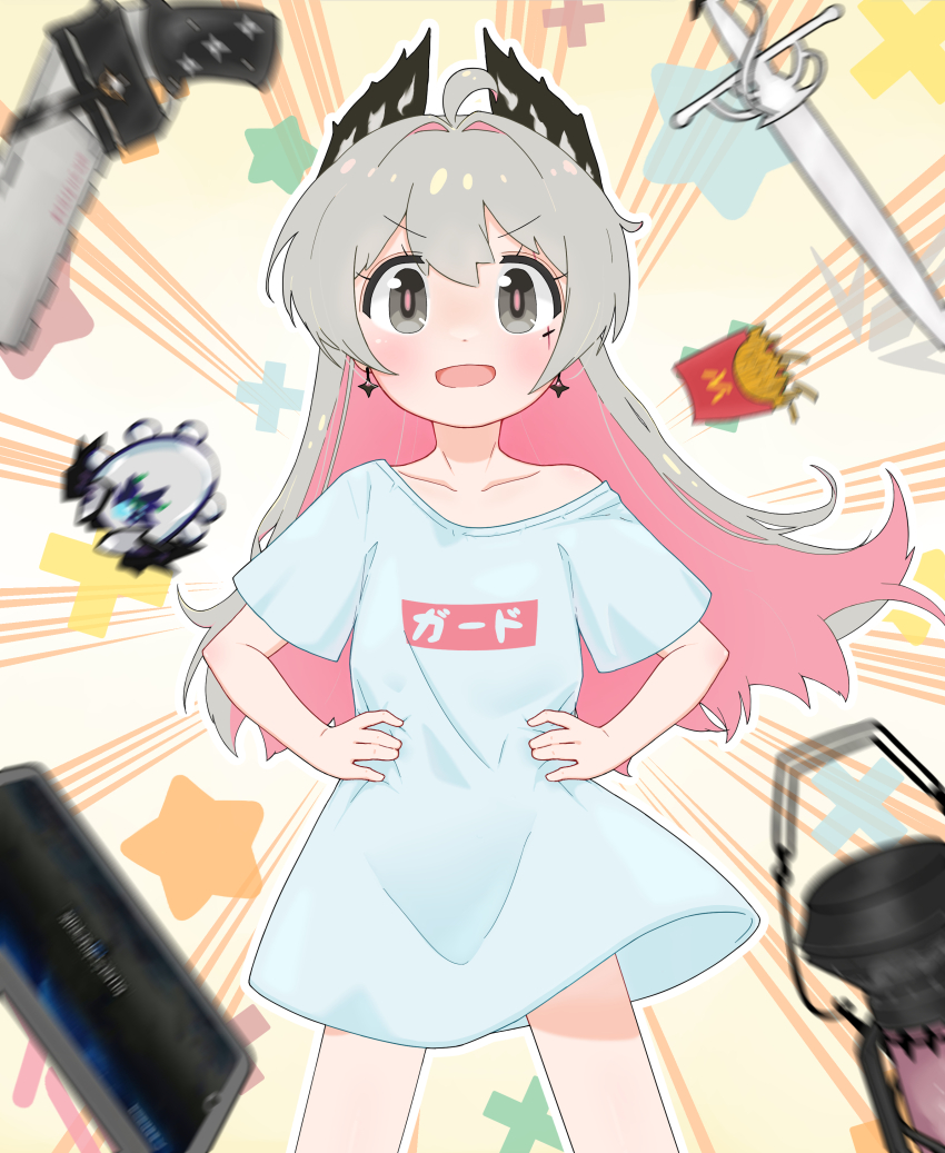 1girl :d absurdres ahoge arknights blush cellphone colored_inner_hair cowboy_shot earrings food french_fries grey_eyes grey_hair gun hair_between_eyes handgun hands_on_own_hips head_wings highres irene_(arknights) jewelry kushaaaa4 lantern long_hair looking_at_viewer mcdonald&#039;s multicolored_hair multicolored_nails onii-chan_wa_oshimai! open_mouth oyama_mahiro parody phone pink_hair pink_pupils pocket_sea_crawler_(arknights) shirt short_sleeves smartphone smile solo sword two-tone_nails v-shaped_eyebrows weapon white_shirt wings