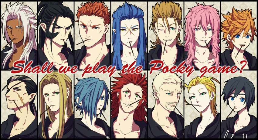 2girls 6+boys axel_(kingdom_hearts) black_coat_(kingdom_hearts) black_hair blonde_hair blue_eyes blue_hair brown_hair dark-skinned_male dark_skin demyx eyepatch facial_hair food green_eyes grey_hair kingdom_hearts larxene lexaeus long_hair luxord marluxia mouth_hold multiple_boys multiple_girls noitigo-fuck organization_xiii pink_hair pocky ponytail red_hair roxas saix scar short_hair smile vexen white_hair xaldin xemnas xigbar xion_(kingdom_hearts) yellow_eyes zexion