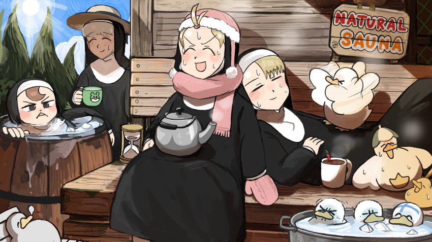 4girls :&lt; :d ^_^ baby_animal barrel beach_chair bench bird blonde_hair blush brown_eyes brown_hair chicken chili_pepper closed_eyes clothed_bath clumsy_nun_(diva) commentary cup diva_(hyxpk) duck duckling english_commentary flapping freckles froggy_nun_(diva) grey_hair habit hat highres hot_chocolate hourglass in_container kettle leaning_on_person little_nuns_(diva) lying mittens motion_blur mug multiple_girls nervous_sweating nose_bubble nun open_mouth outdoors pink_hat pink_mittens pink_scarf sauna scarf sheep_nun_(diva) sitting slice_of_life smile spicy_nun_(diva) steam sun sun_hat sunlight sweat topknot traditional_nun tree tulip_hat vat